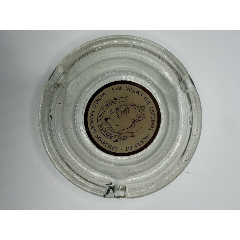 Vtg Emil Villa's Hick'ry Pit Glass Ashtray Restaurant Advertising Pig O My Heart